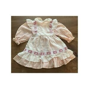VTG Girls Dress, 3T, Red White Stripes, Ruffles, Long Sleeve 80s Made in USA